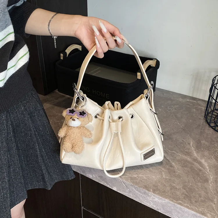 韩版小众抽绳褶皱手提包包女2025早秋复古时尚休闲通勤单肩斜挎包