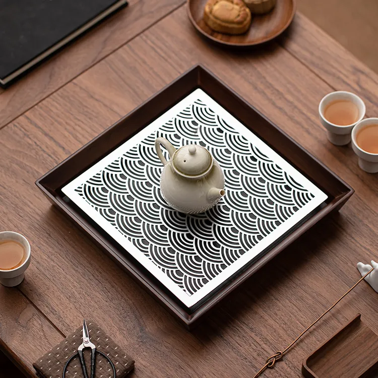 储水茶盘中式复古祥云壶承小型家用干泡盘茶台竹木合金轻奢茶托盘