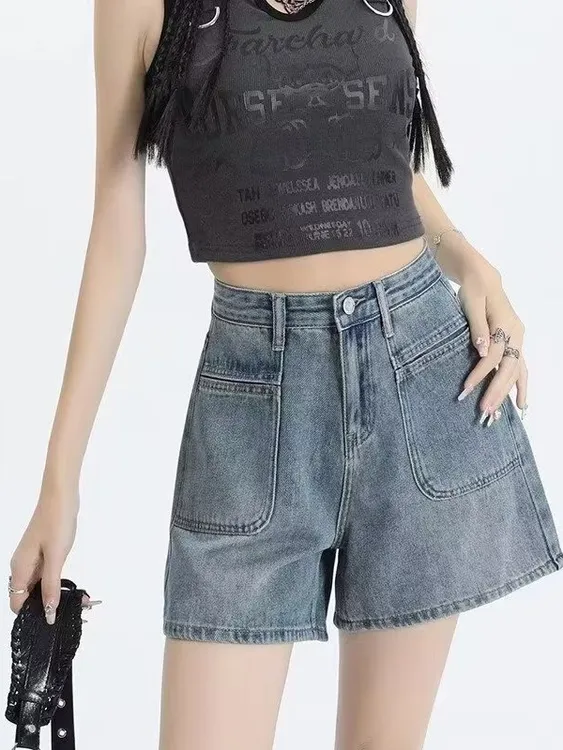 辣妹牛仔复古辣妹显瘦牛仔裤时尚阔腿短裤高腰夏季牛仔短裤