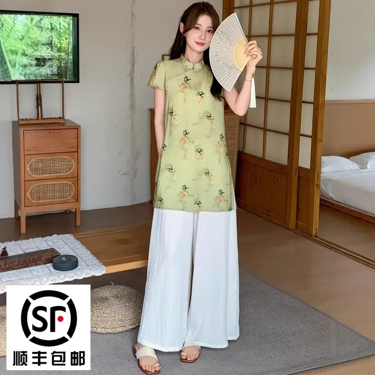 8237新款新中式休闲风通勤静奢风时尚上衣短袖茶服显瘦时尚女装