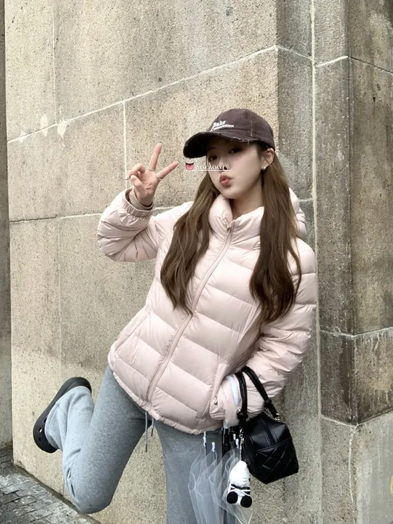 90白鸭绒lu系粉色连帽排骨羽绒服女2025冬收腰显瘦面包服棉衣外套