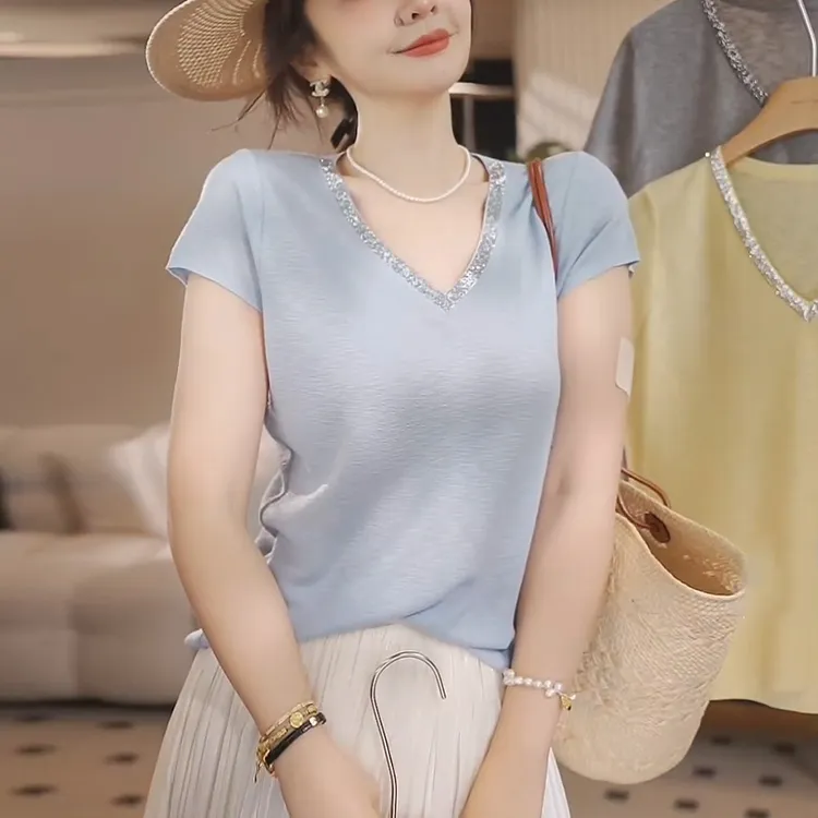 亮闪V领短袖针织衫夏季薄款胖MM大码女装高级感显瘦百搭气质上衣