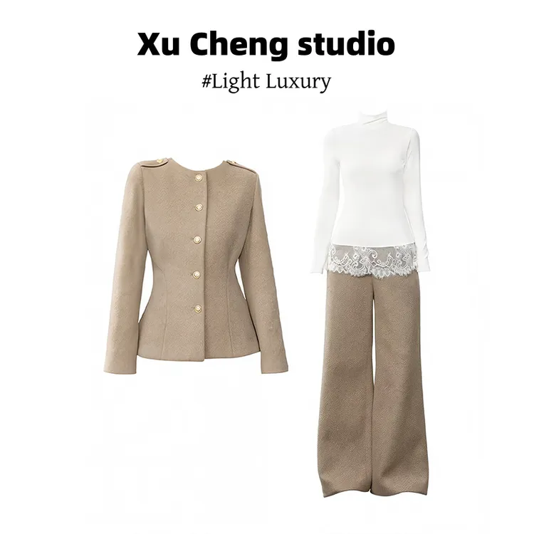 Xu Cheng早秋季蕾丝打底衫老钱风穿搭长袖毛呢外套垂感高腰休闲裤