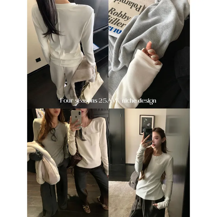 区区欧阳"自热绵绵百搭T"秋冬刚需超暖！280G双面绒感针织口袋T恤