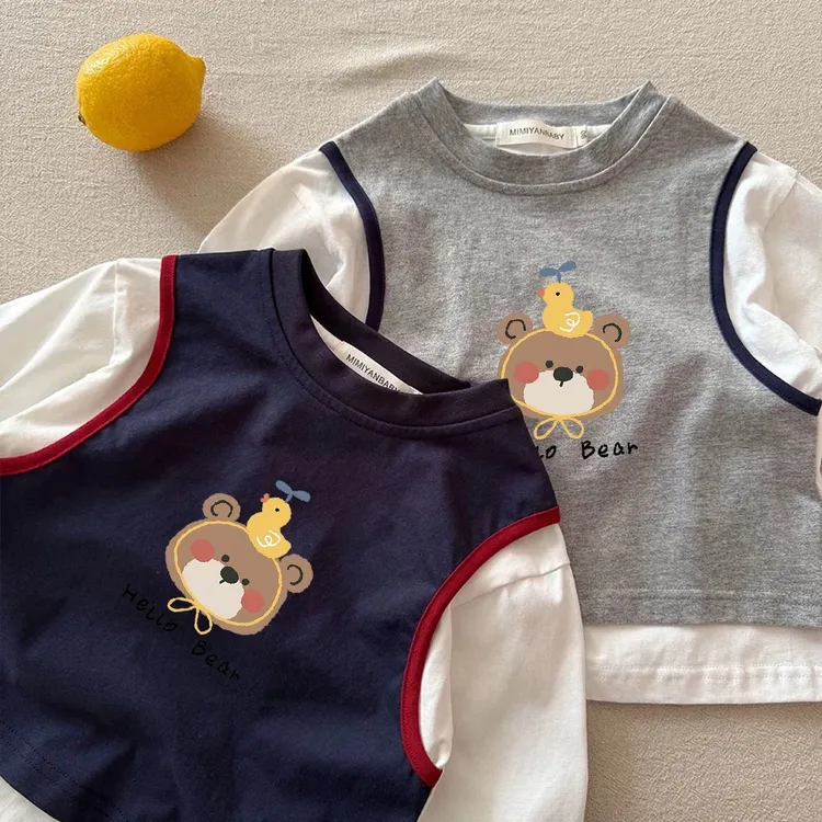 新款儿童宝宝2025春秋纯棉男童两件长袖女童上衣卡通打底T恤