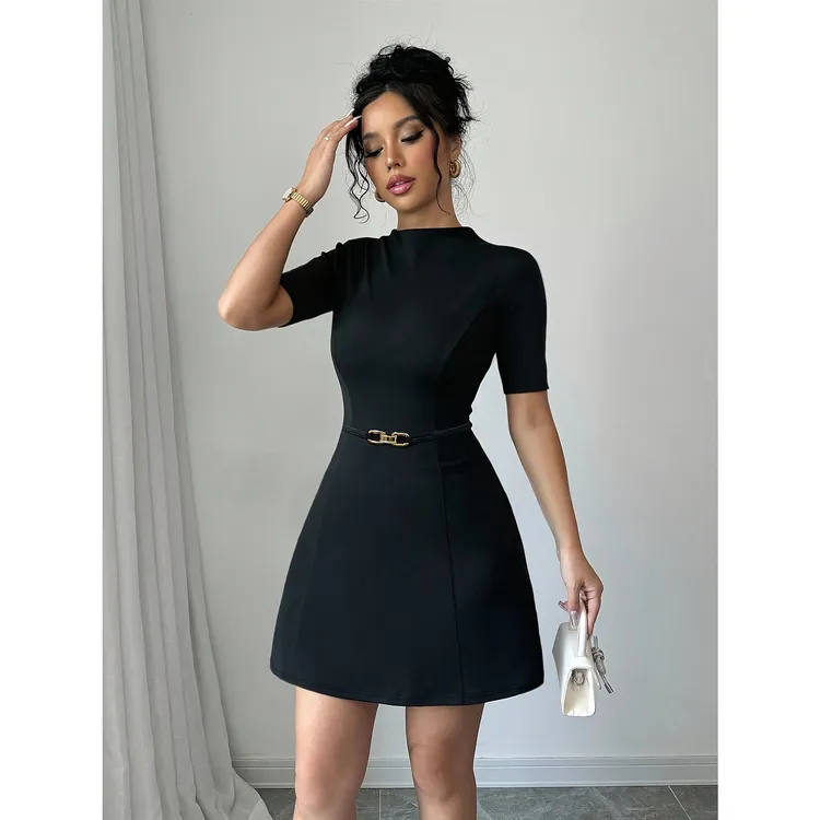 女士春夏季时尚优雅纯色立领中袖金属扣装饰A摆短款连衣裙时尚
