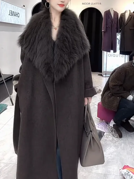 冬季新款毛领羊绒毛呢外套女时尚潮流宽松显瘦洋气百搭长款大衣