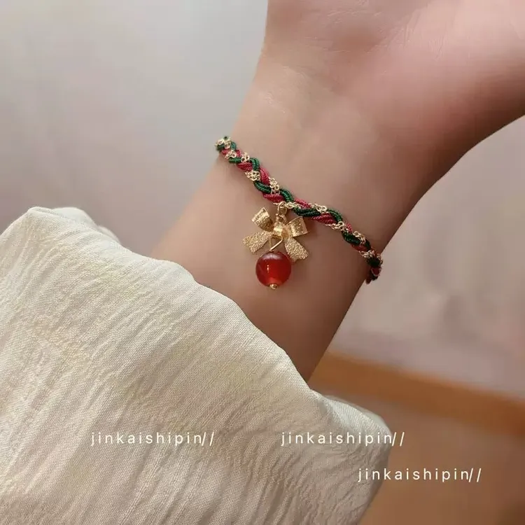 铜合金布艺手链 圣诞节红色编绳蝴蝶结手链甜美简约手绳送闺蜜