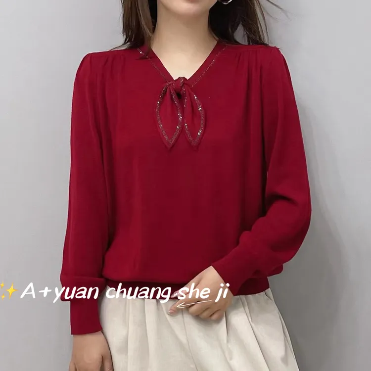 92507新款时尚简约百搭洋气宽松气质V领蝴蝶结毛针织衫