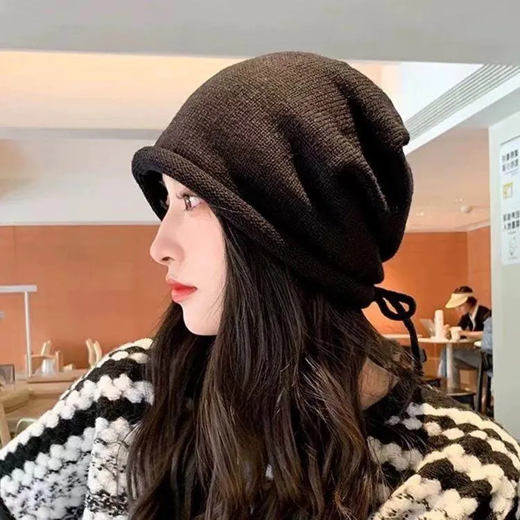 秋冬堆堆帽子帽女显脸包头保暖冷帽大头毛线针织月子毛线帽抽绳帽
