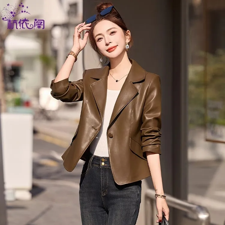 皮衣西装外套女短款2025新款春秋小个子复古气质休闲PU皮夹克上衣