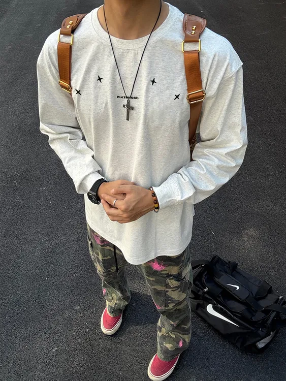 【重磅纯棉】小众休闲设计感印花长袖T恤宽松圆领打底潮牌百搭上衣T