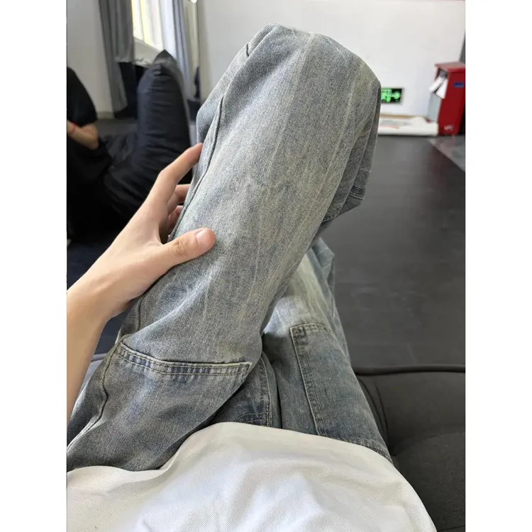 美式复古闪电纹牛仔裤男夏季薄款水洗裤子宽松直筒口袋设计微喇裤