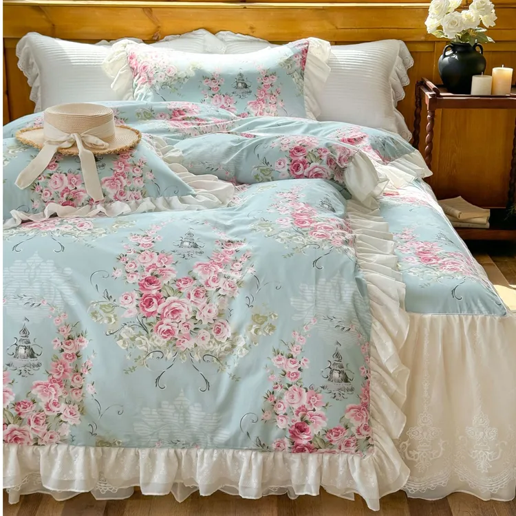 春夏新款纯棉床裙四件套法式复古被罩蕾丝花边款床上用品家纺套件