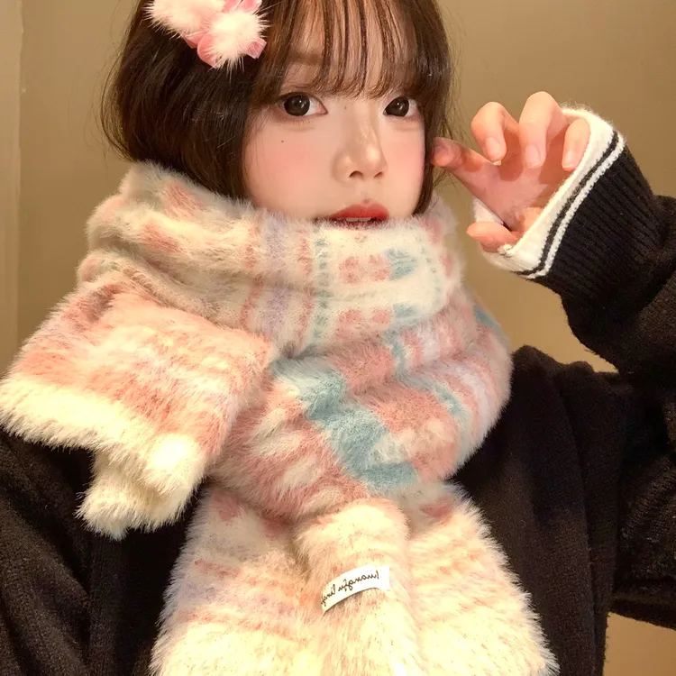 爱心提花粉色毛绒针织围巾女生冬季甜美百搭加厚保暖防寒护颈围脖