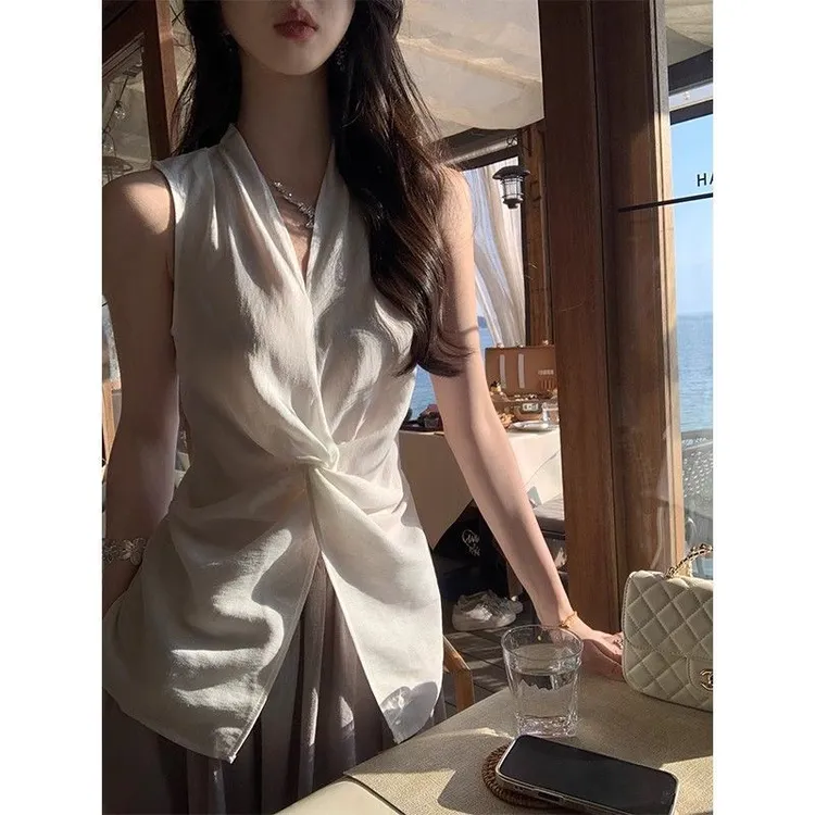  由子衣舍/Youzi Atelierv领纽结无袖背心衬衫女夏外穿高级修身瘦