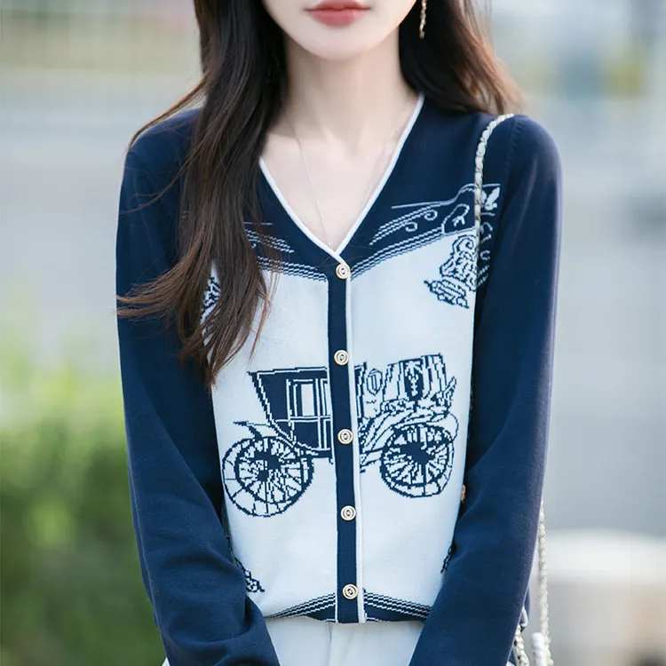 春秋大码女装V领提花马车长袖针织打底衫秋季宽松时尚羊毛衫毛衣