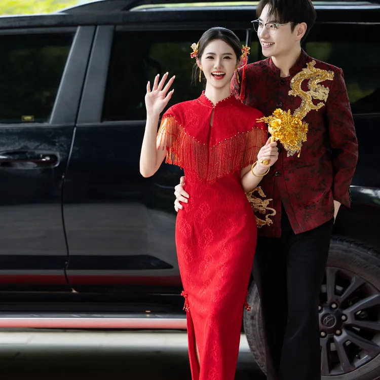 新中式红色订婚晚礼服裙敬酒服新娘结婚旗袍出阁领证回门答谢宴会