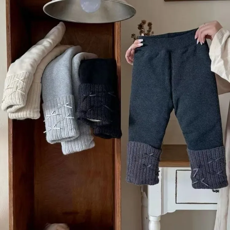 女童三层夹棉打底裤冬季新款宝宝抗寒加厚蝴蝶结堆堆弹力长裤外穿