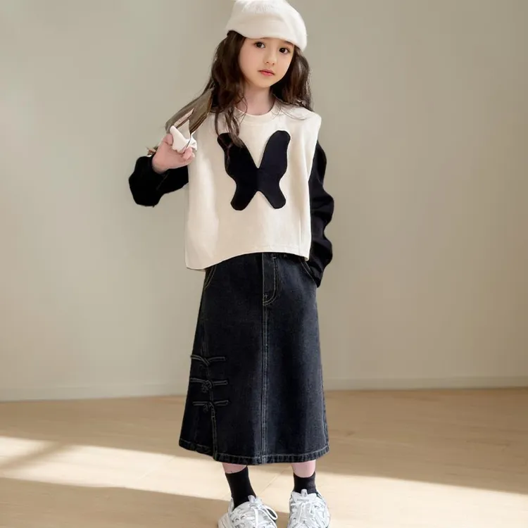 女童套装2025秋季新款儿童假两件上衣春秋装大童牛仔半身裙春秋款