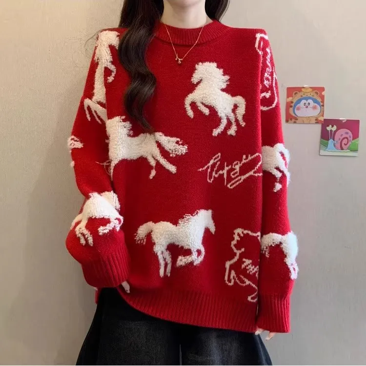 新年圣诞红色小马刺绣毛衣内搭女装秋冬季2025新款好看针织衫上衣