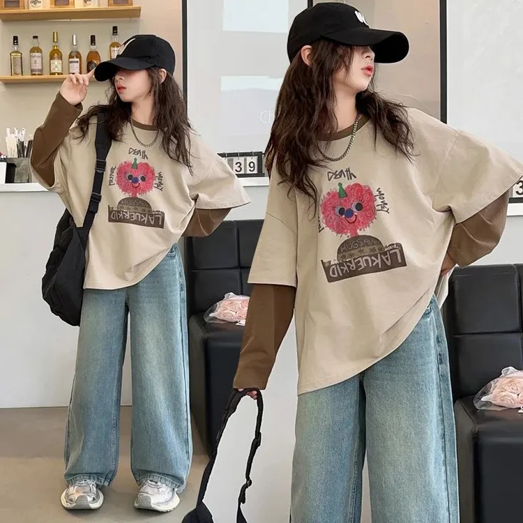 女童假两件长袖T恤9-15岁8春装新款初中生韩范上衣大童女孩打底衫