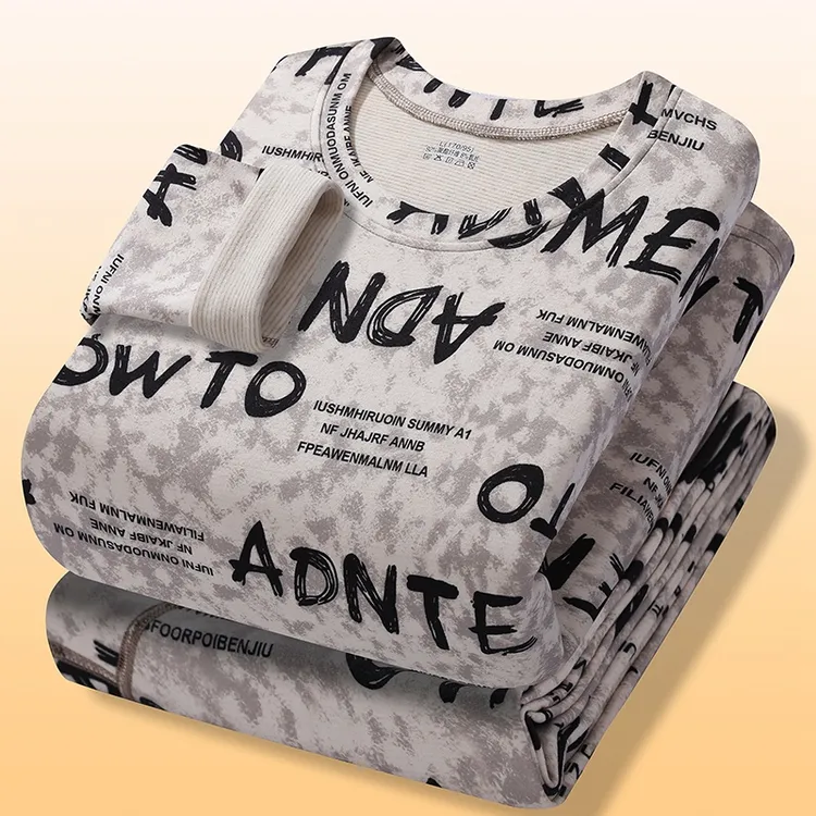 保暖内衣男套装秋冬季男士秋衣秋裤圆领印花德绒t恤扎染打底衫潮