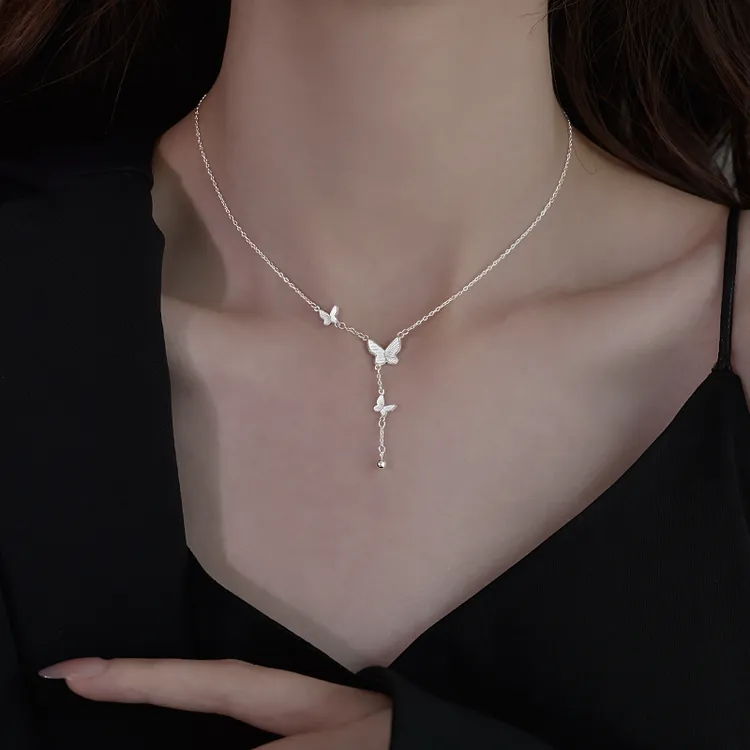 坠链均足银 999纯银拉丝蝴蝶流苏项链女2025爆款小众超仙锁骨链