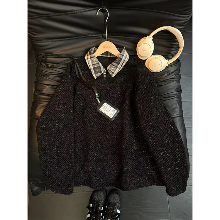 假两件满天星加绒卫衣男款秋冬高级感小香风上衣拼接格子长袖外套