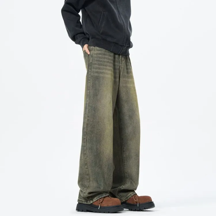 微喇黑色男裤加绒大码男士秋冬款复古阔腿裤宽松直筒休闲长裤子