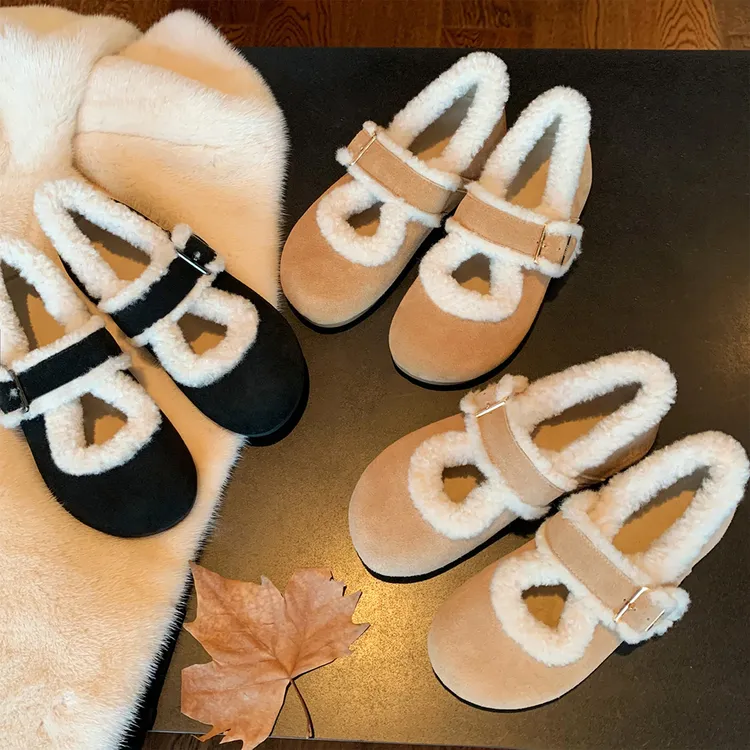 牛皮版毛毛鞋女外穿秋冬新款加绒棉鞋软底加绒简约豆豆鞋雪地棉鞋