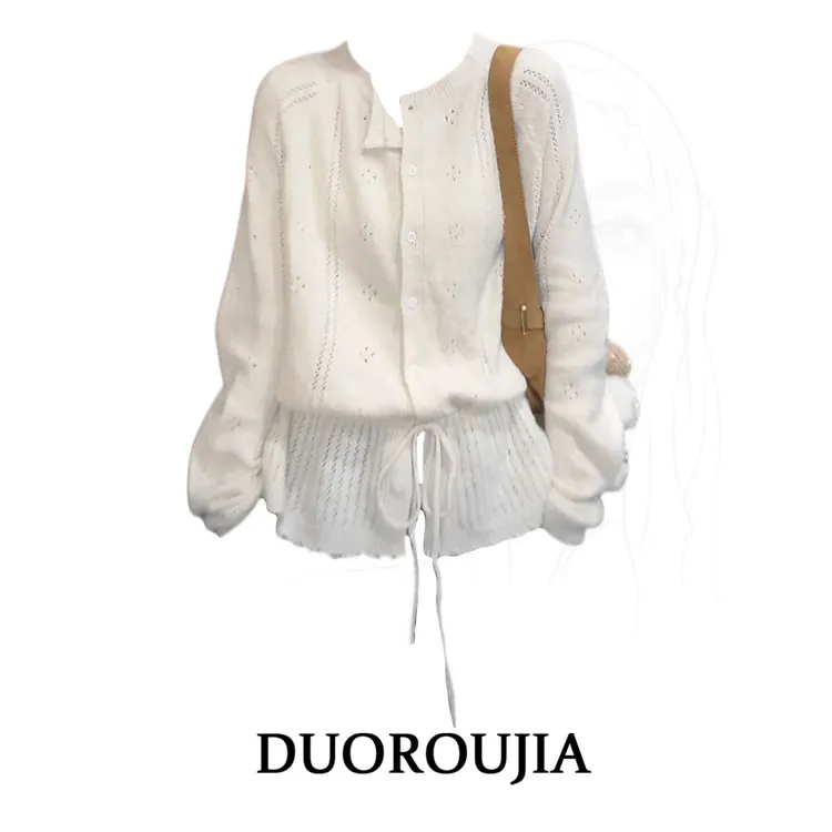 大码韩系温柔风钩花镂空针织衫女秋季胖MM抽绳设计感长袖上衣