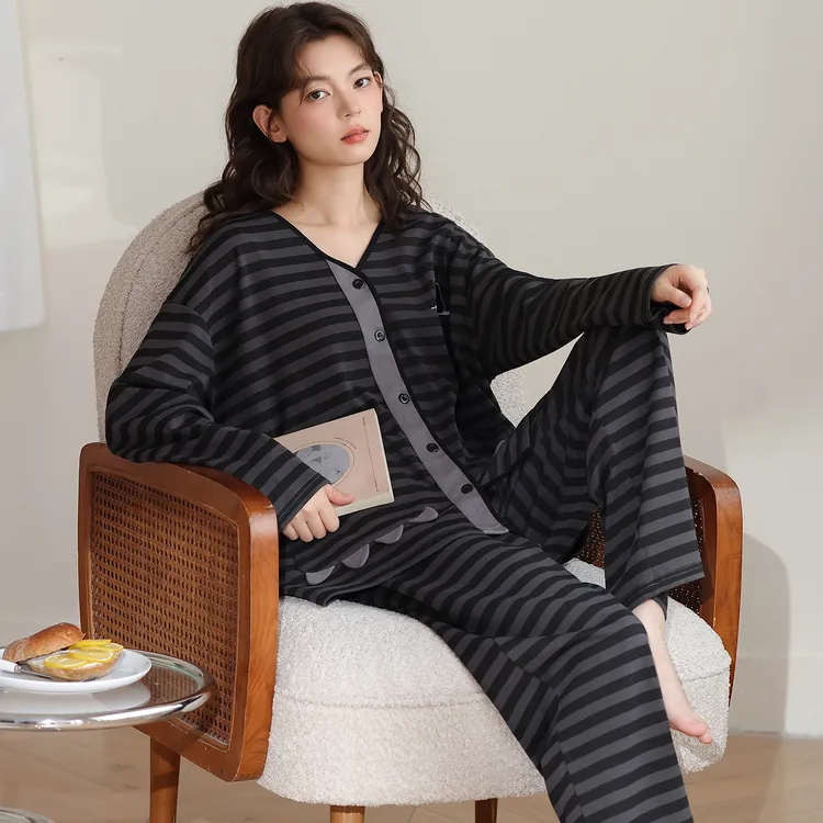 秋冬季纯棉睡衣女长袖长裤休闲卡通条纹少女可外穿家居服套装全棉