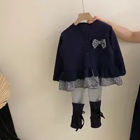 【安安家】女童韩秋季蝴蝶结格子假两件上衣瑜伽打底裤两件套R25538