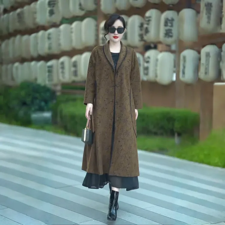 90145新款气质妈妈长款风衣外套春秋复古宽松胖女人显瘦洋气大衣