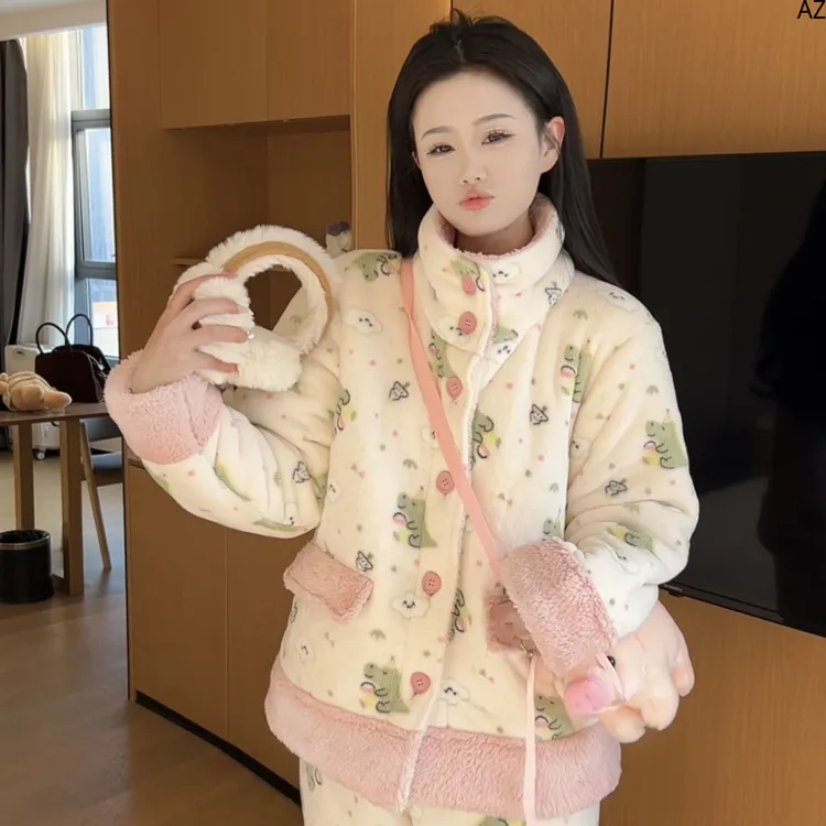 25春秋新款冬季加绒加厚保暖恐龙气质毛绒睡衣高领家居服女可外穿