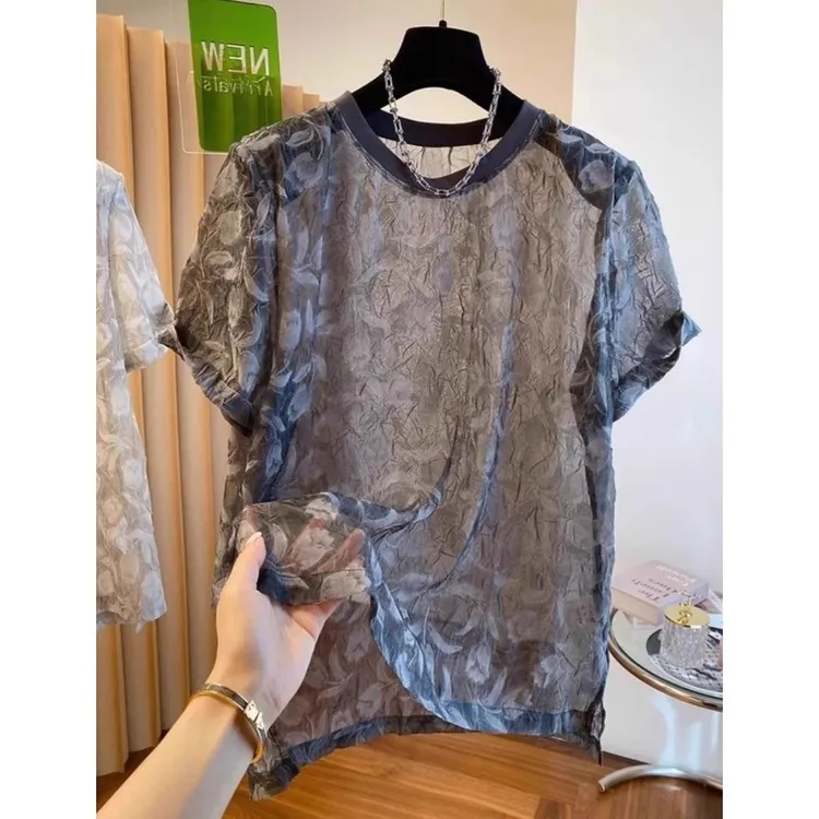 奥特莱斯~品牌清仓特大码300斤欧货高级感微透夏薄款短袖洋气T恤