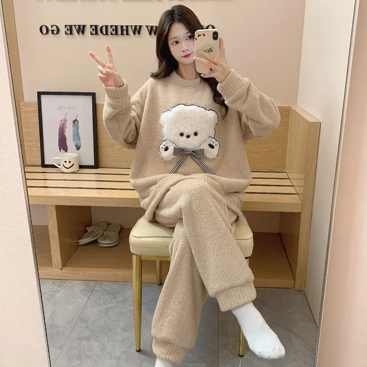 毛绒小熊秋冬季半边绒睡衣女长袖长裤冬加厚保暖小个子家居服套装
