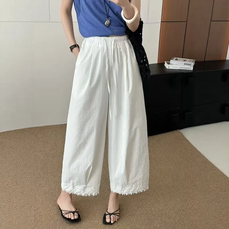 欧货直筒蕾丝休闲阔腿裤女2025夏款气球裤高腰显瘦花边萝卜灯笼裤