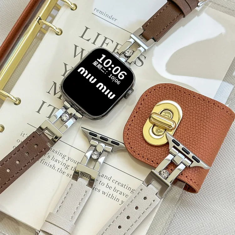 闪钻滑梯真皮表带适用iwatch手表applewatch苹果S10折叠扣s11腕带