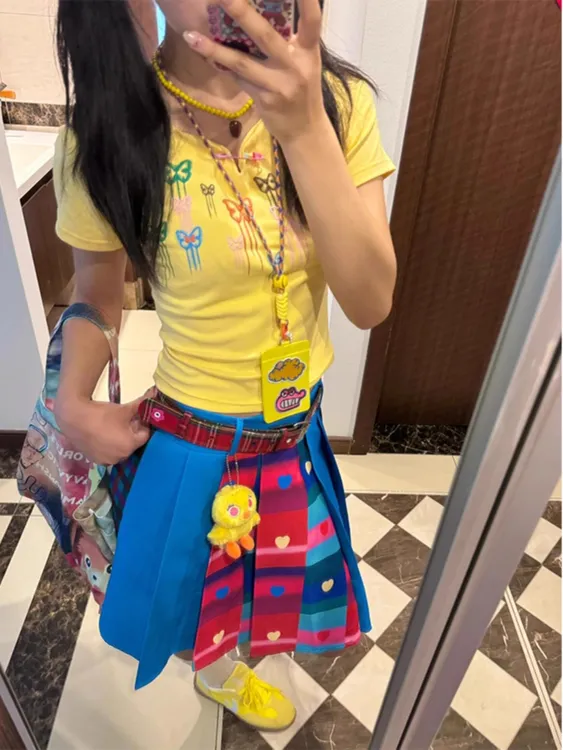 多巴胺黄色蝴蝶结正肩短袖t恤女夏季设计感小众修身辣妹短款上衣