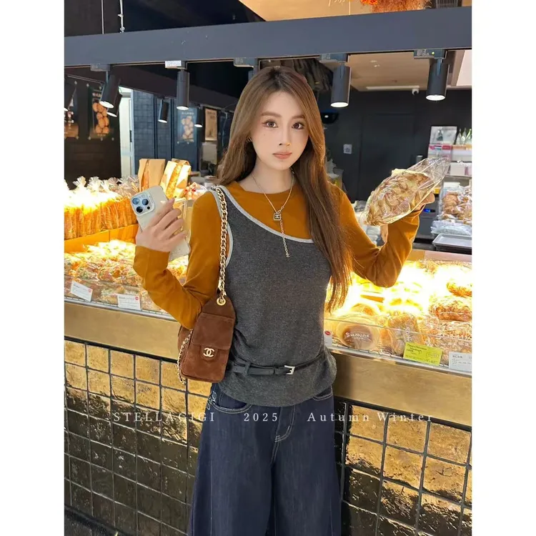 SG / 杨依姗 AW设计感背心式单侧细肩带假两件长袖T恤T-20252085