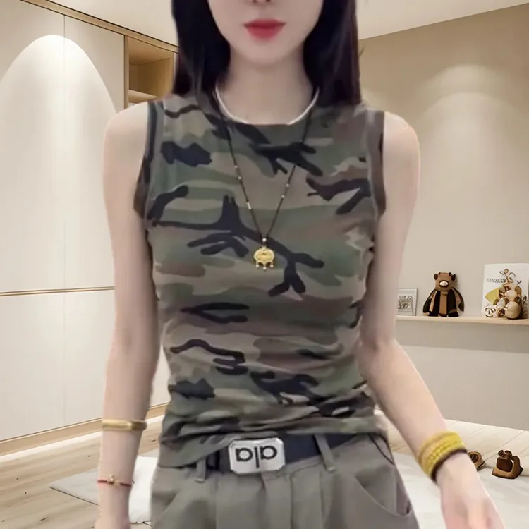 美式休闲迷彩无袖背心女夏新款高级感修身显瘦上衣痞帅炸街风女装