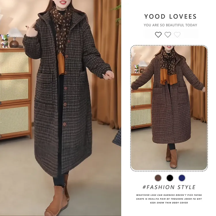 冬季加棉加厚棉衣外套休闲格子连帽开衫中长款宽松棉服保暖大衣潮