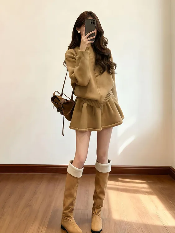 巨好看冬季一整套轻奢高级感大方得体穿搭驼色针织衫两件套装裙