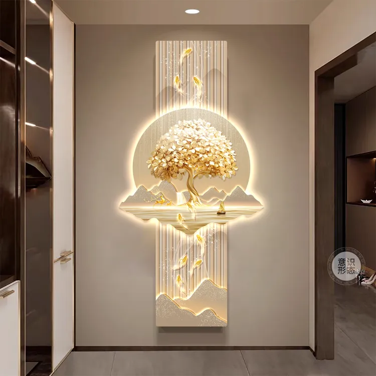 轻奢玄关装饰画发财树入户正对门挂画led灯叠加双层走廊过道壁画