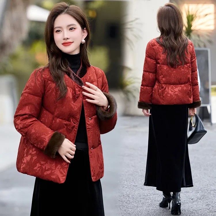 提花新中式短款小个子时尚棉服复古红色民族风保暖立领小棉外套