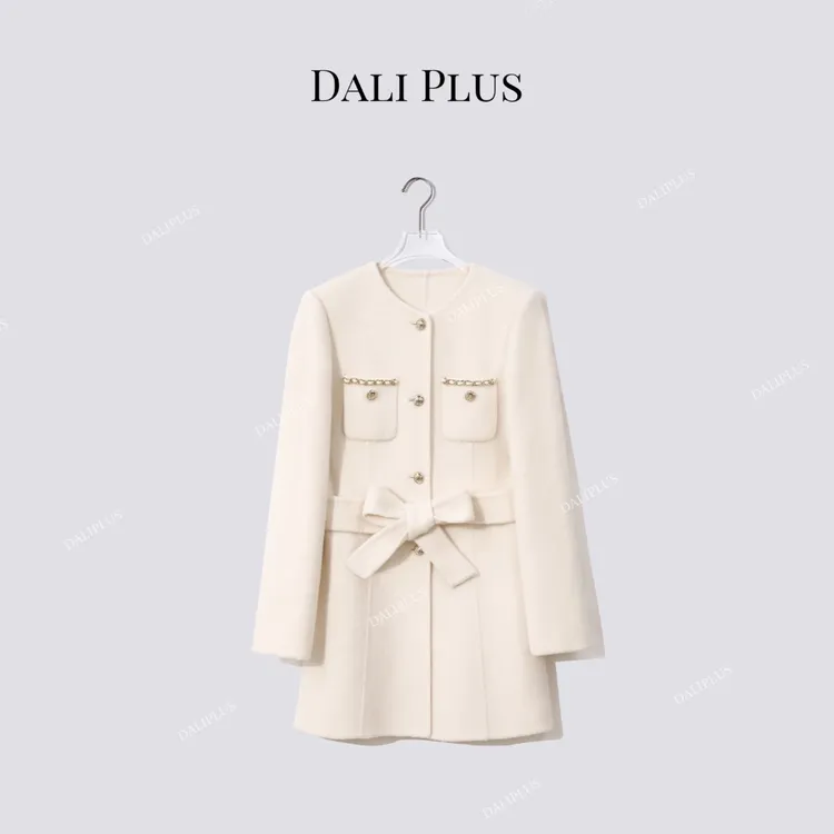 DALI PLUS“白金链条呢大衣”100绵羊毛圆领收腰系带大衣-D5MM2499