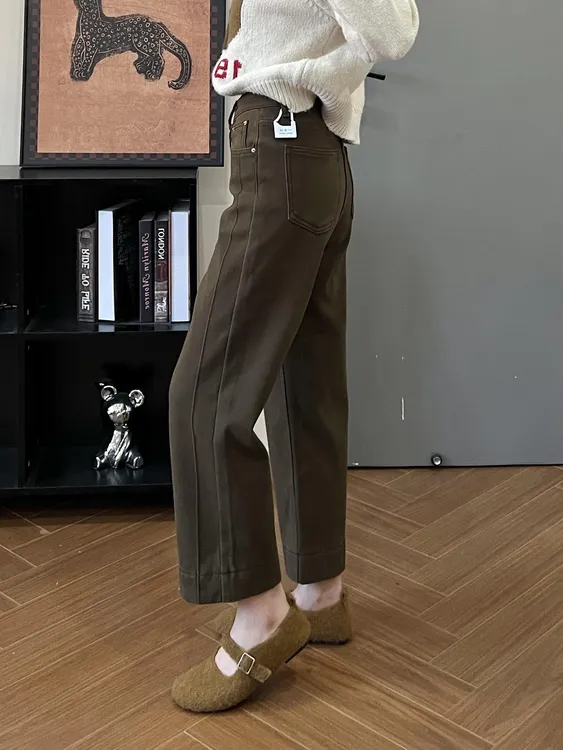 咖色加绒加厚直筒裤女冬季保暖遮胯显瘦弹力微胖窄版烟管牛仔裤