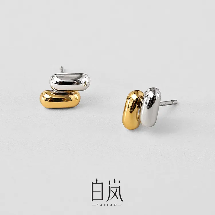 925银耳饰 白岚双色耳钉女S925银新款潮精致小巧百搭耳饰ED3348